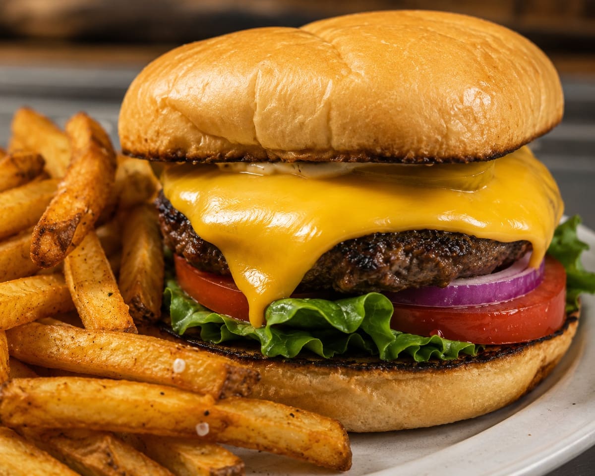 All American Cheeseburger with melted American cheese, lettuce, tomato, red onion and pickles on a toasted bun with seasoned fries at Stage Stop, Colorado Springs