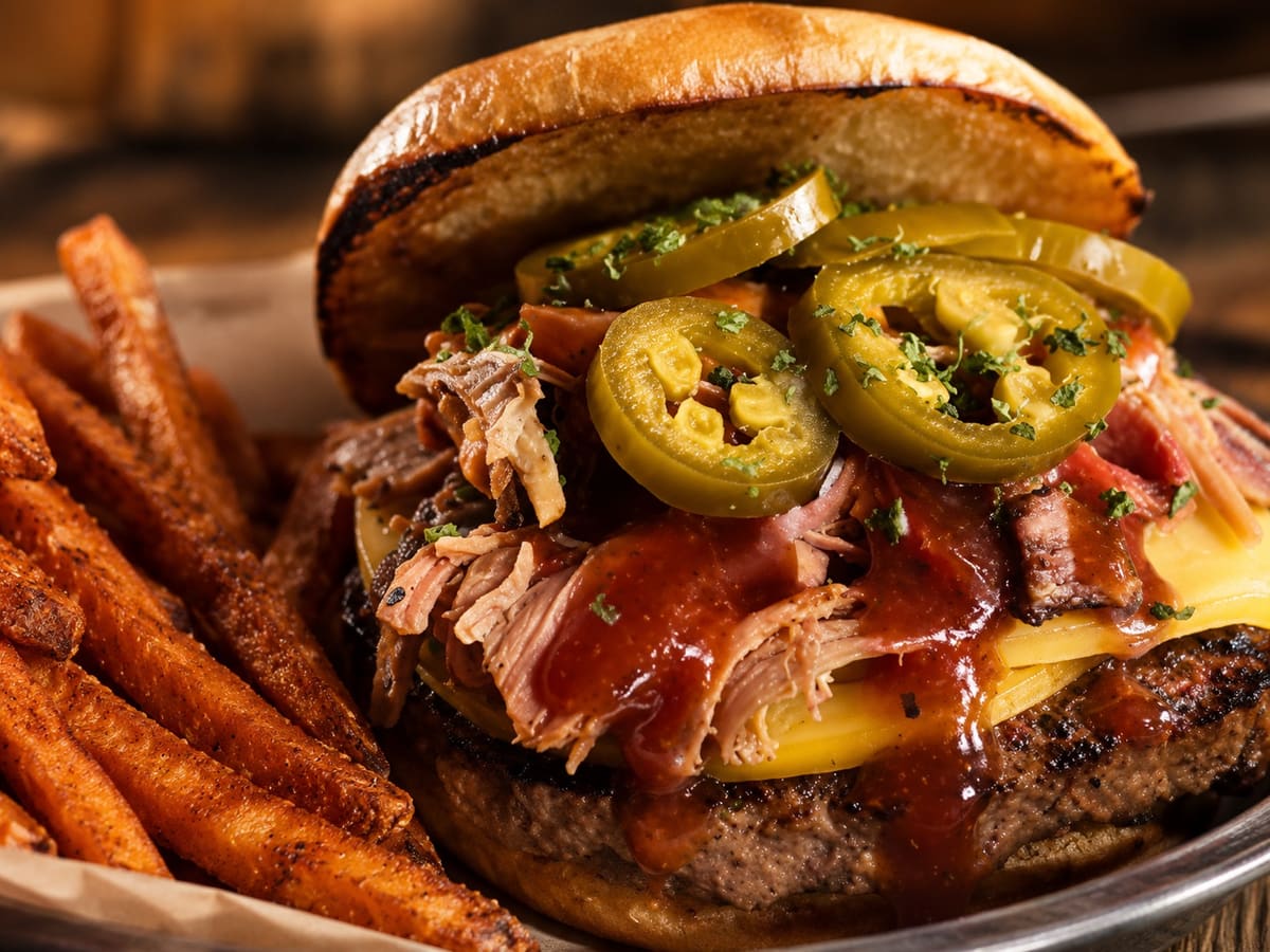 Brewmaster Burger stacked with pulled pork, melted cheese, BBQ sauce and pickled jalapeños with sweet potato fries at Stage Stop, Colorado Springs