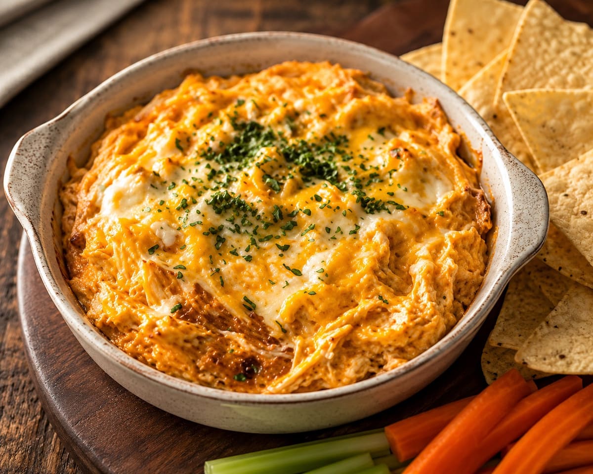 Creamy baked Buffalo Chicken Dip topped with melted cheese, served with tortilla chips, carrots and celery at Stage Stop, Colorado Springs