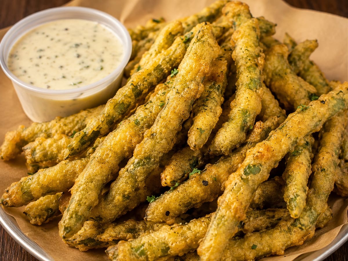 Fried Green Beans — crisp battered green beans with creamy ranch for dipping at Stage Stop, Colorado Springs