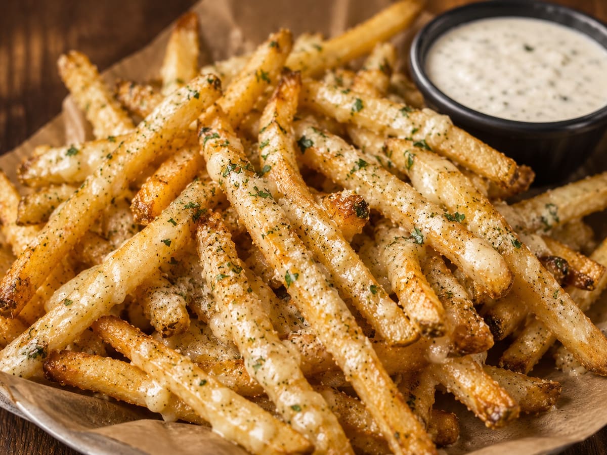 Garlic Parmesan Fries tossed in garlic parmesan sauce with herbs, served with ranch at Stage Stop, Colorado Springs