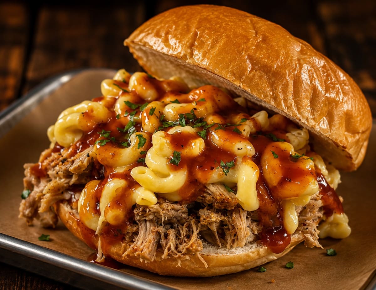 Mac Daddy sandwich — pulled pork piled with mac and cheese and BBQ sauce on a toasted bun at Stage Stop, Colorado Springs