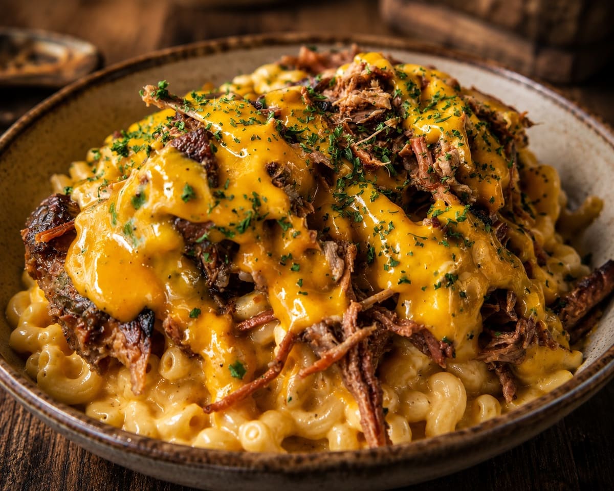 Pork Mac and Cheese Bowl — creamy cavatappi mac topped with smoked pulled pork and cheddar sauce at Stage Stop, Colorado Springs