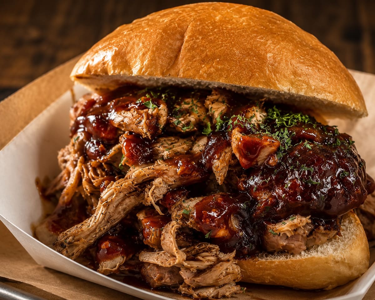 Smoked pulled pork sandwich glazed with BBQ sauce on a toasted bun at Stage Stop, Colorado Springs