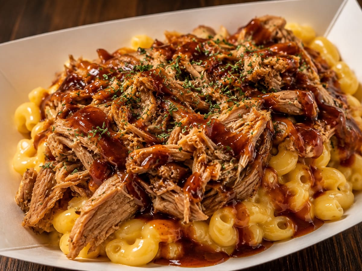 Pulled Chicken Mac and Cheese Bowl — creamy cavatappi mac topped with BBQ pulled chicken at Stage Stop, Colorado Springs