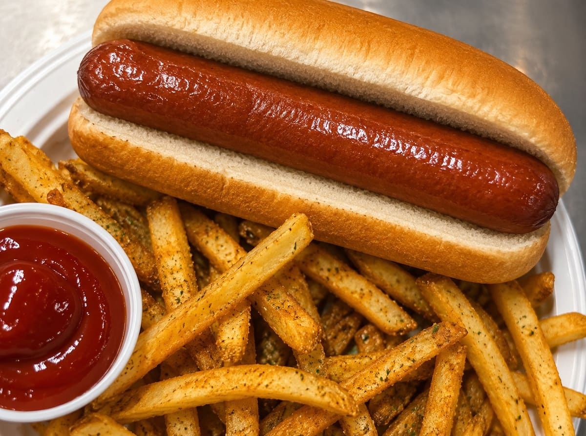 The Big Dog — quarter-pound all-beef hot dog on a soft bun with seasoned fries and ketchup at Stage Stop, Colorado Springs