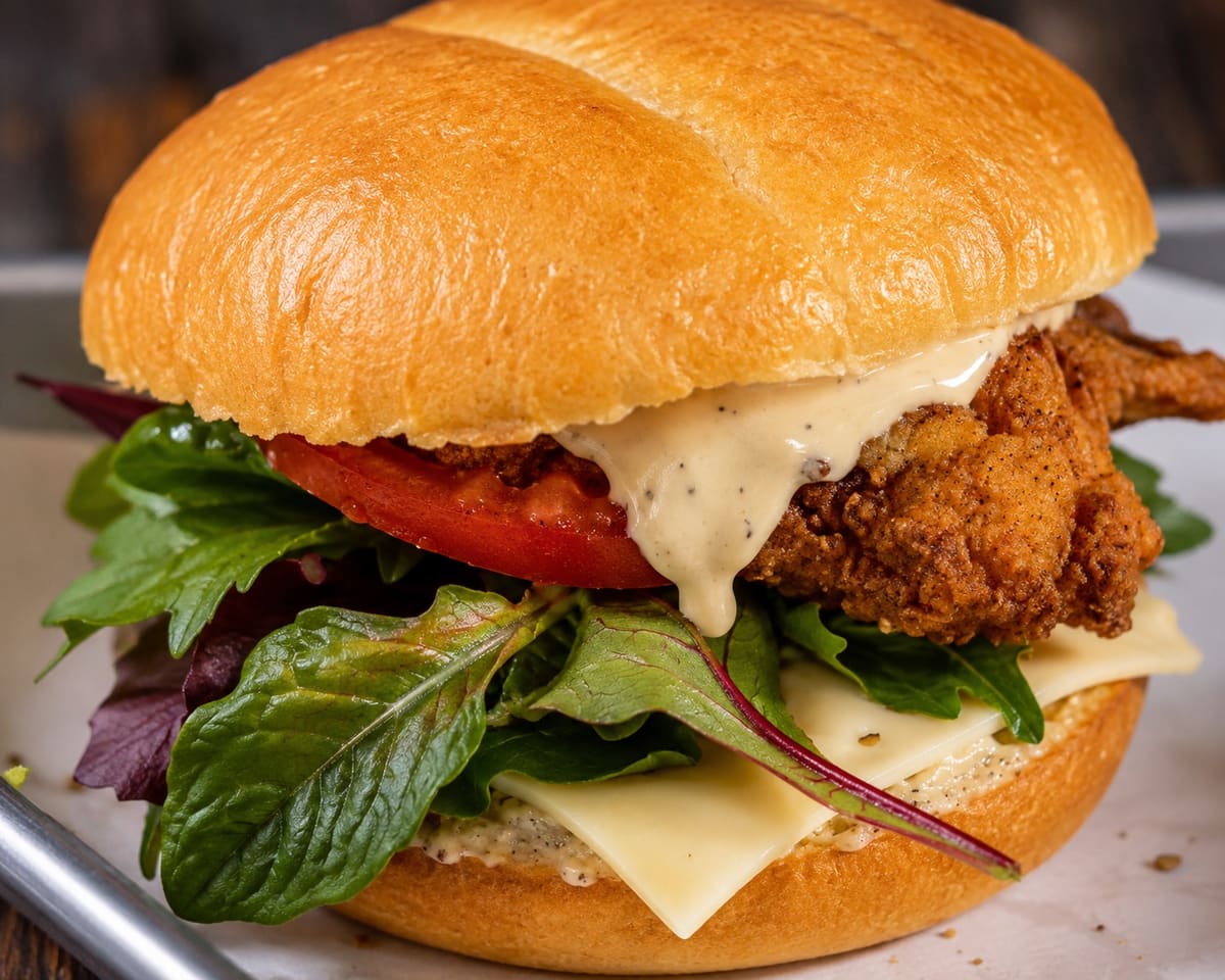 Yardbird Chicken Sandwich — crispy fried chicken with melted cheese, spring greens, tomato and peppercorn sauce on a brioche bun at Stage Stop, Colorado Springs